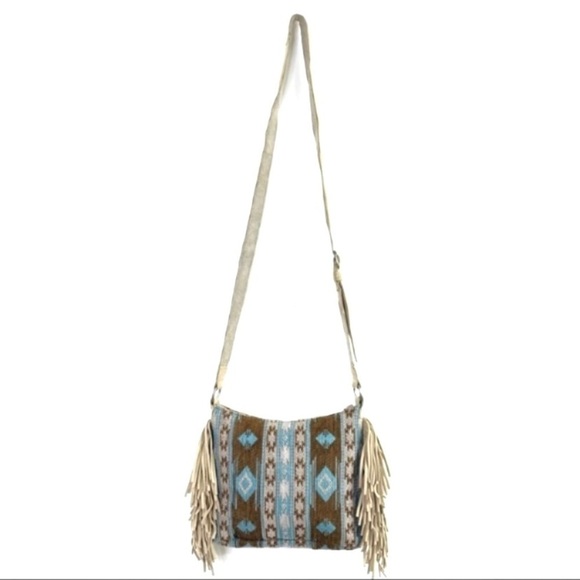 MINNETONKA Baja Western Jacquard Boho chic Suede Fringe Crossbody Bag Ivory Blue - Picture 2 of 12